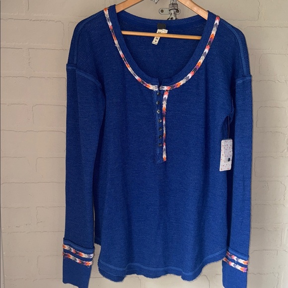 Free People Henley shirt medium NeW We The Free Royal Blue Knit Top soft - Picture 2 of 6